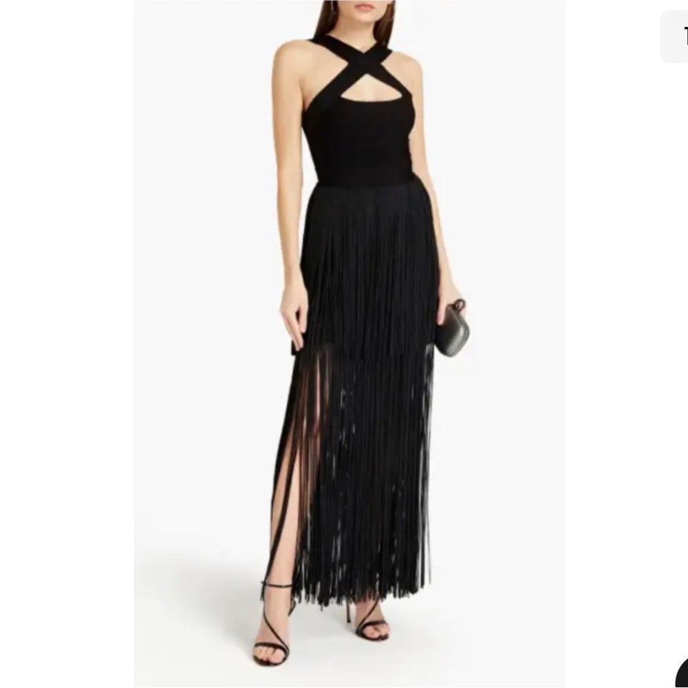 HERVE LEGER Cross-Neck Fringe Gown